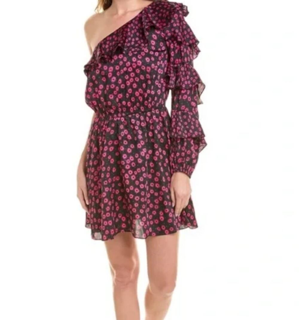$295 The Kooples Daisy Dots One-Shoulder Dress Black Pink Floral XS NWT